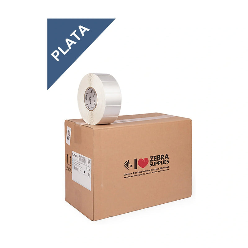 Rollo de etiquetas de poliéster plata Zebra Z-Ultimate 3000T sobre su caja
