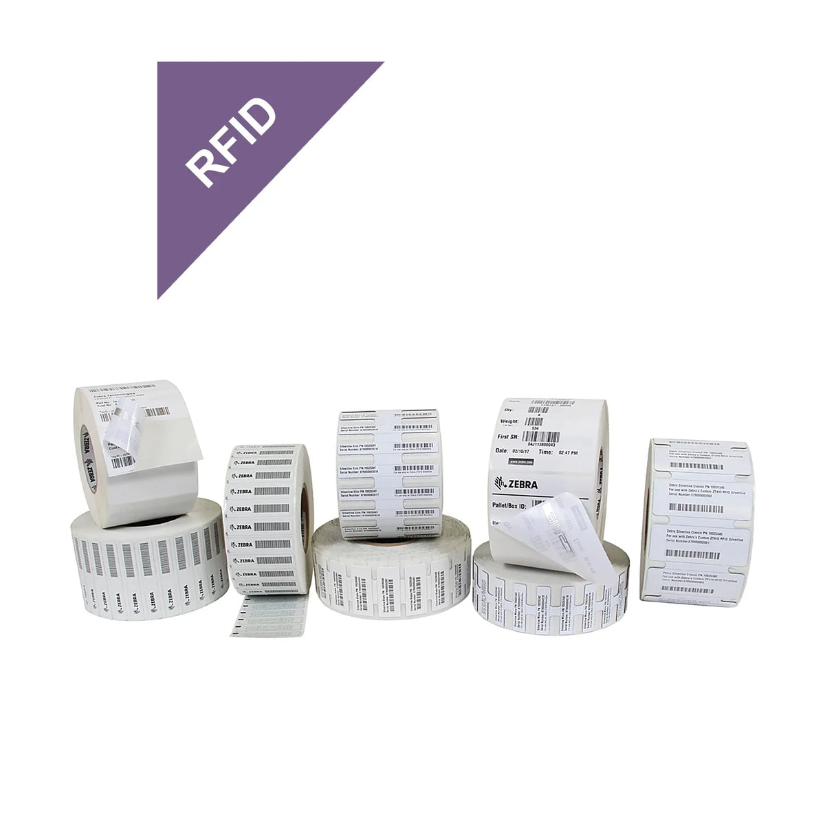 Rollos de etiquetas RFID Zebra con la antena UHF visible bajo el material