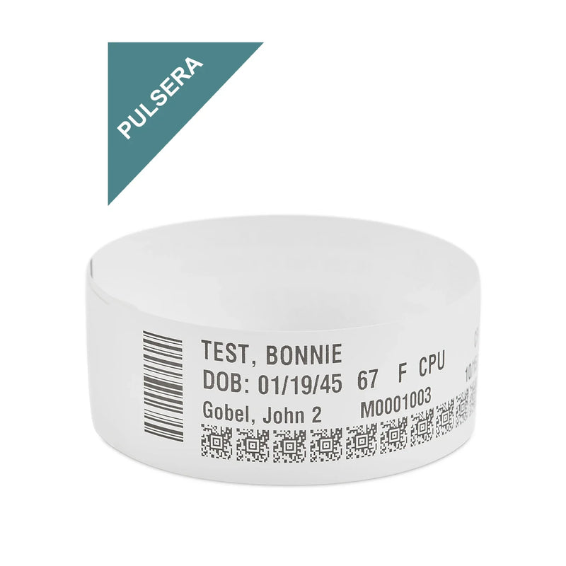 Pulsera de identificación de paciente Zebra Z-Band impresa con código de barras y datos del paciente