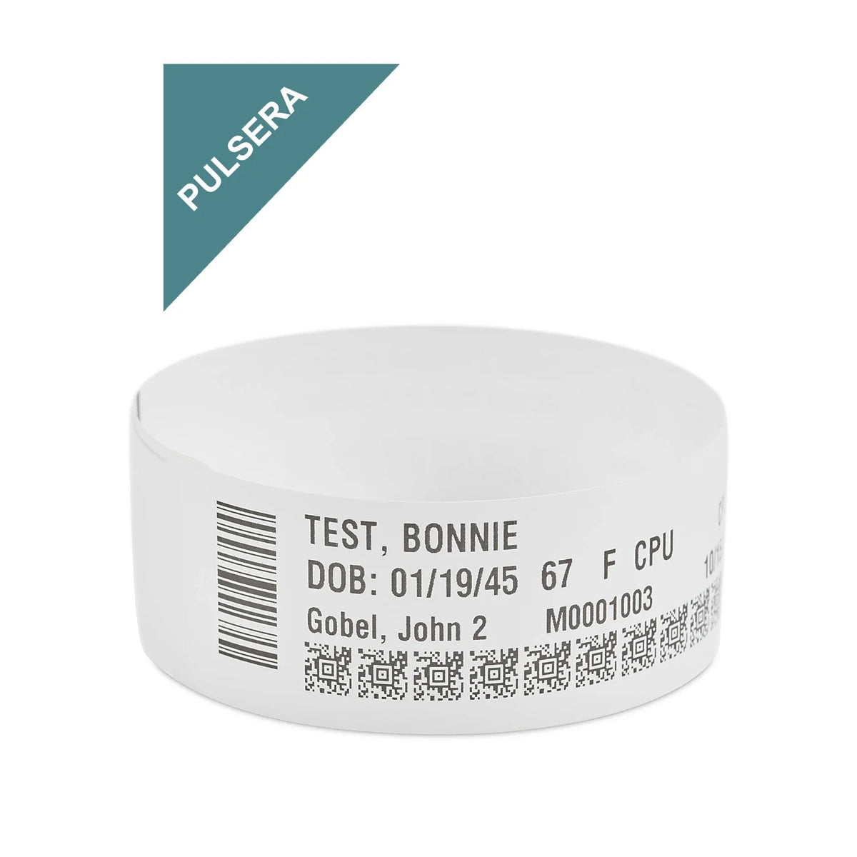 Pulsera de identificación de paciente Zebra Z-Band impresa con código de barras y datos del paciente